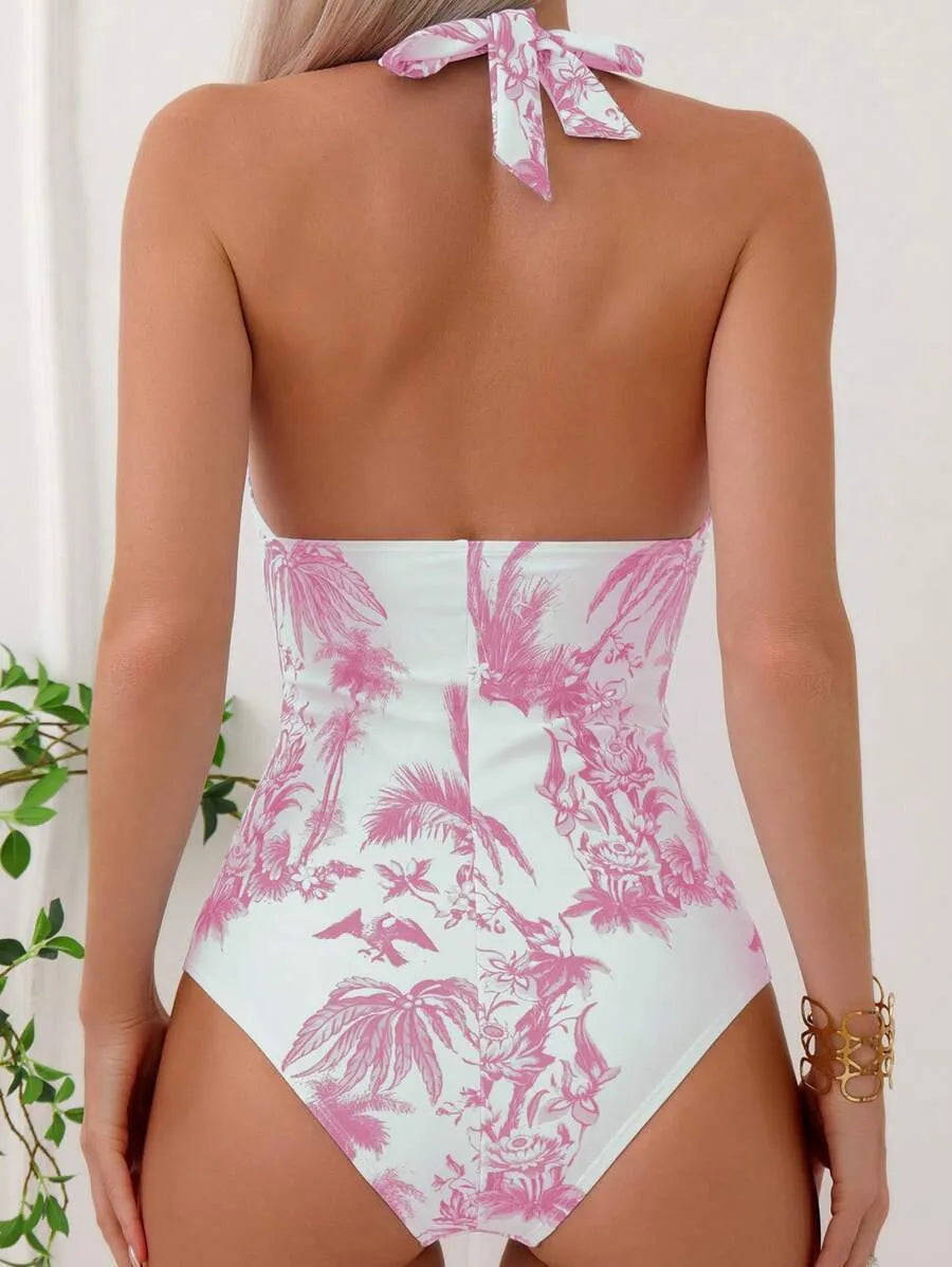 Women's printed V-neck one-piece swimsuit on a hanger showing apricot colour variant.