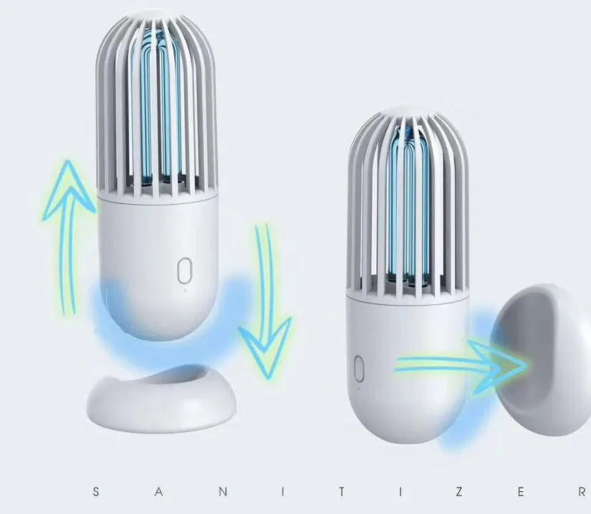 Compact portable UVC disinfection lamp in capsule design showing black, brown, green, and white colour options.