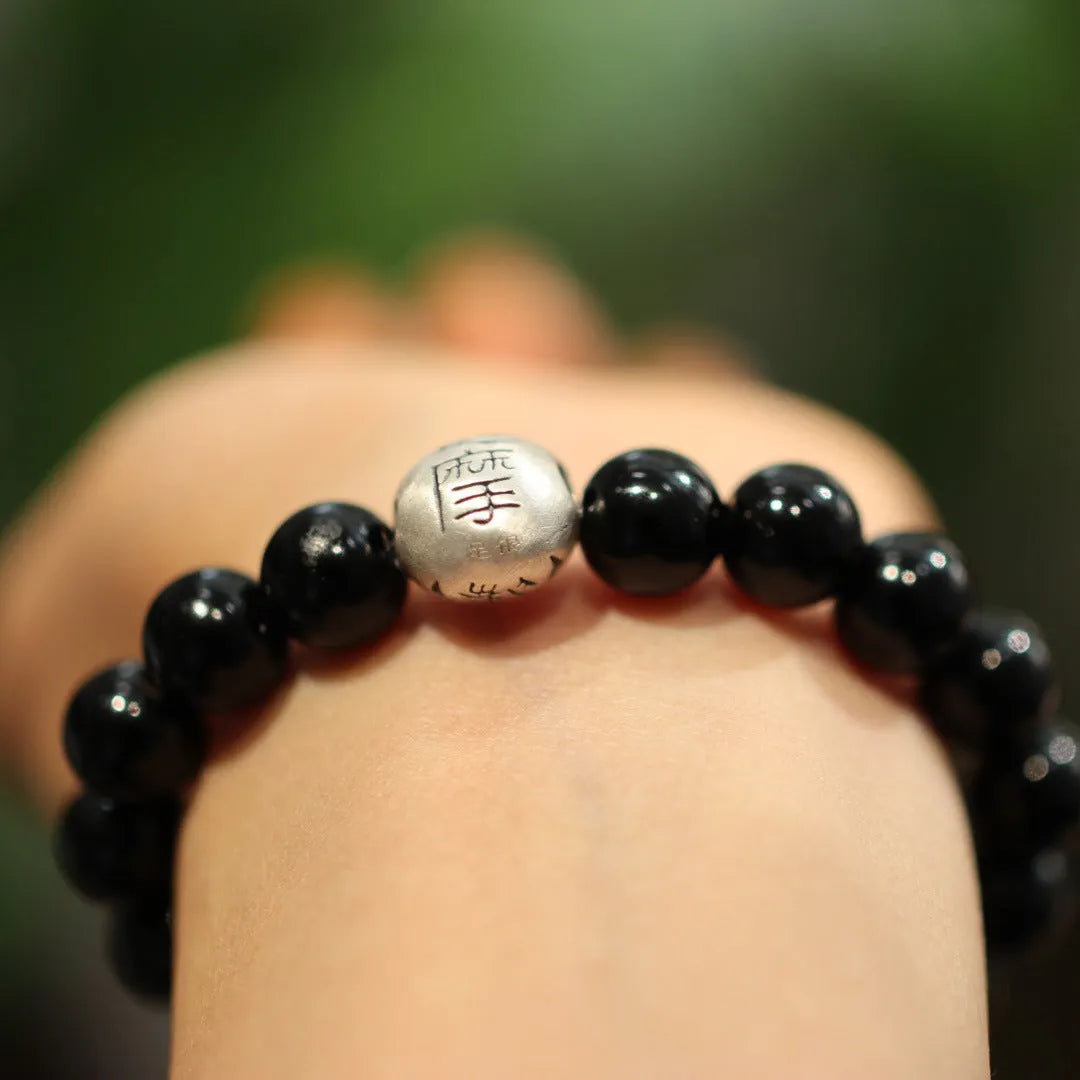 Black agate bracelet with 10mm beads and sterling silver clasp, Chinese-style handcrafted jewellery