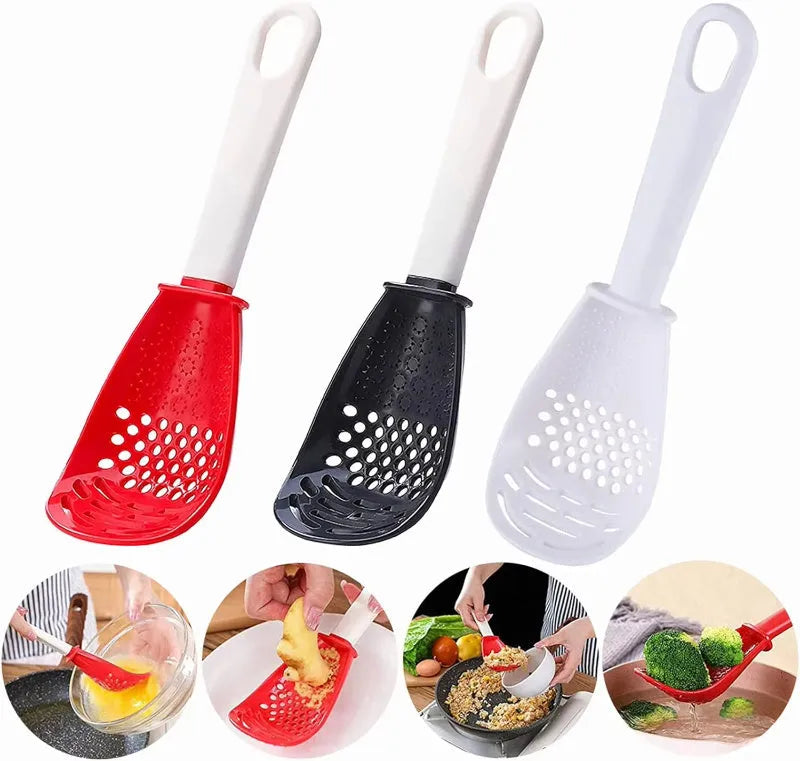 Red and black multifunctional slotted spoon with grinding serrations and half-enclosed head for kitchen use