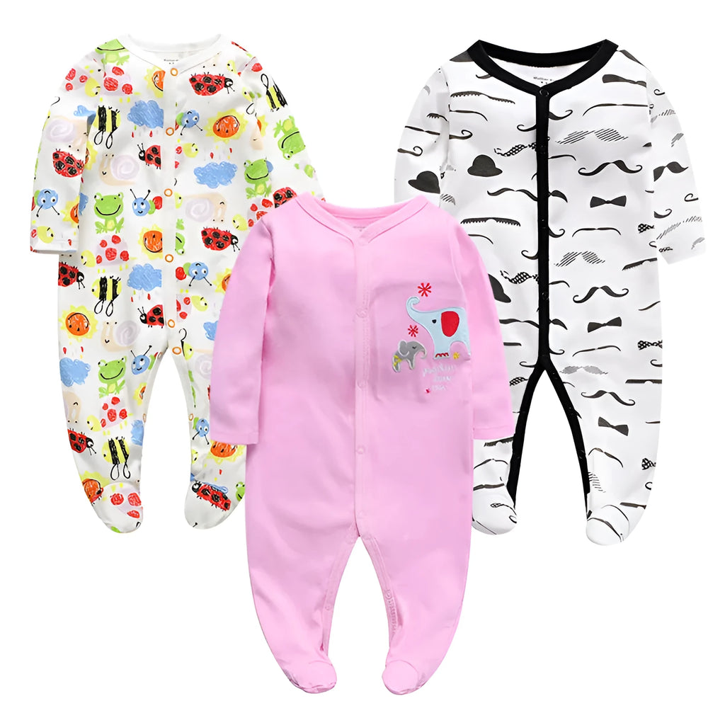 Cotton one-piece baby romper with long sleeves, shown in dinosaur print and other style options for 0-12 month infants.