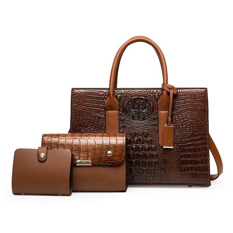 Women's three-piece PU handbag set with crocodile pattern in horizontal square shape.