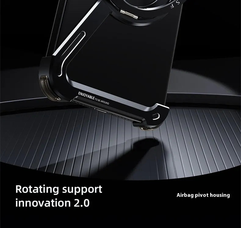 Black metal frame iPhone case with integrated magnetic bracket showing side profile and viewing angle
