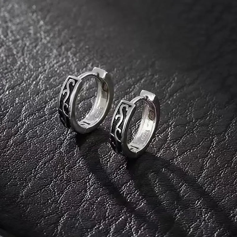 Men's simple geometric copper earrings in silver and auspicious cloud designs, shown in 10mm and 14mm sizes.