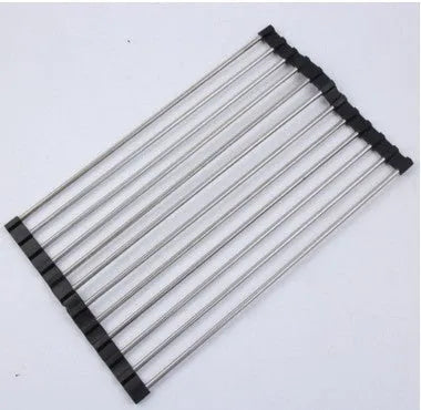Folding stainless steel dish drainer rack in blue, shown over a kitchen sink