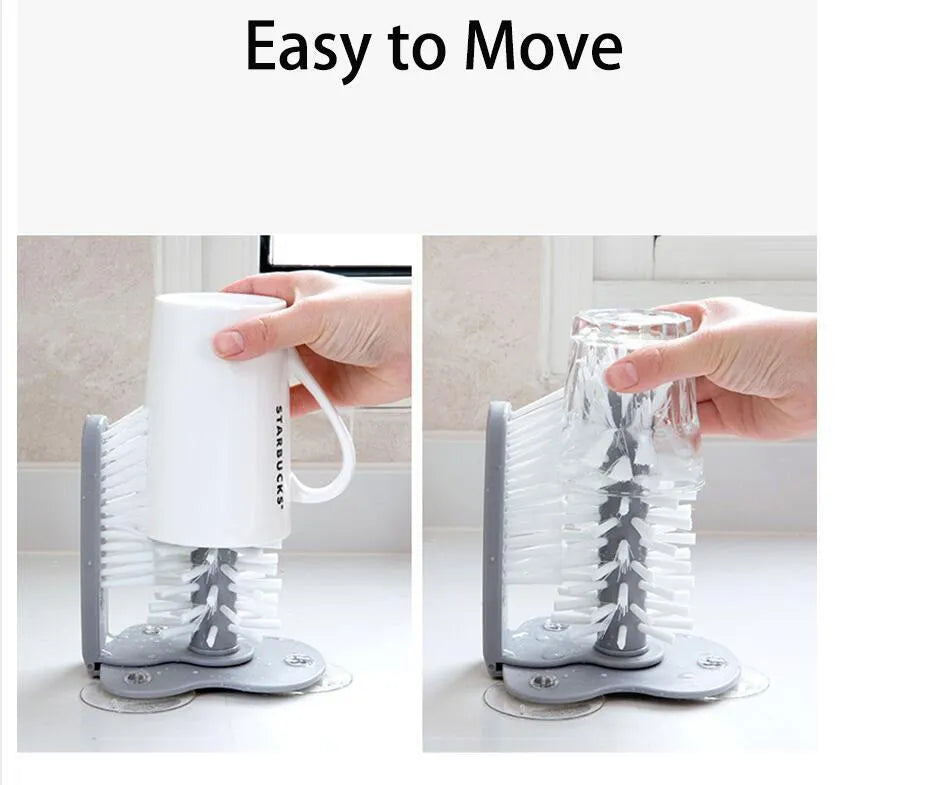 Grey rotating double-head cup cleaning brush with suction cups for wall mounting