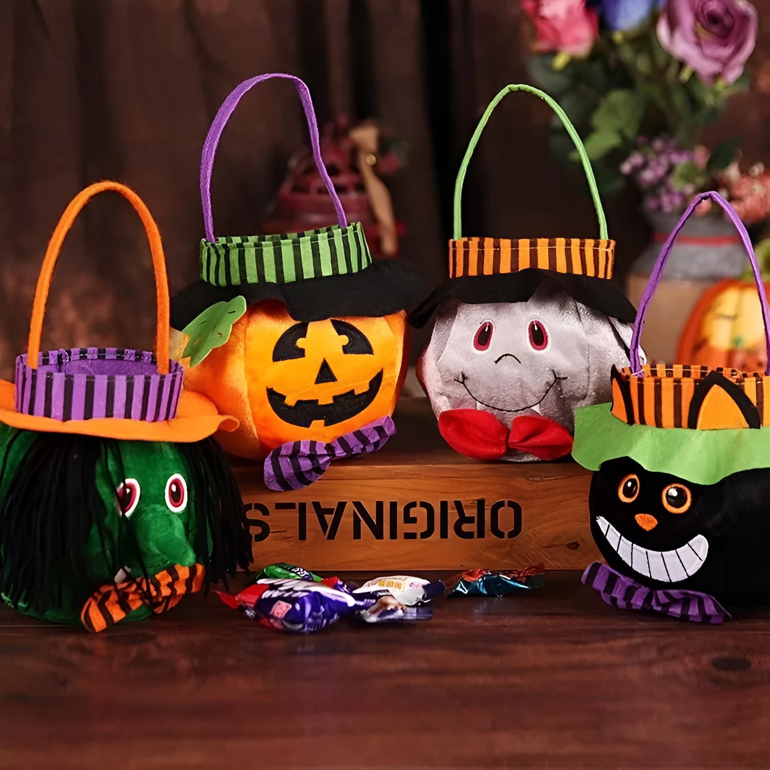 Halloween candy bag with pumpkin design, 16cm velvet trick-or-treat bag for children