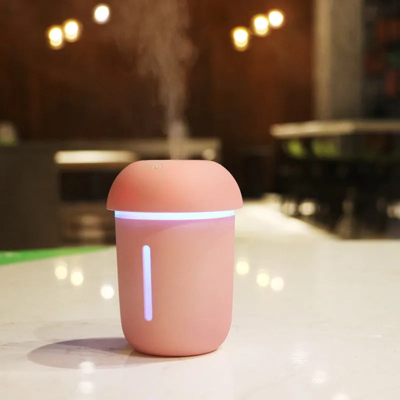 USB charging household air purifier with water replenishing fan, night light, and humidifier in mushroom design, shown in coffee, pink, black, and blue.