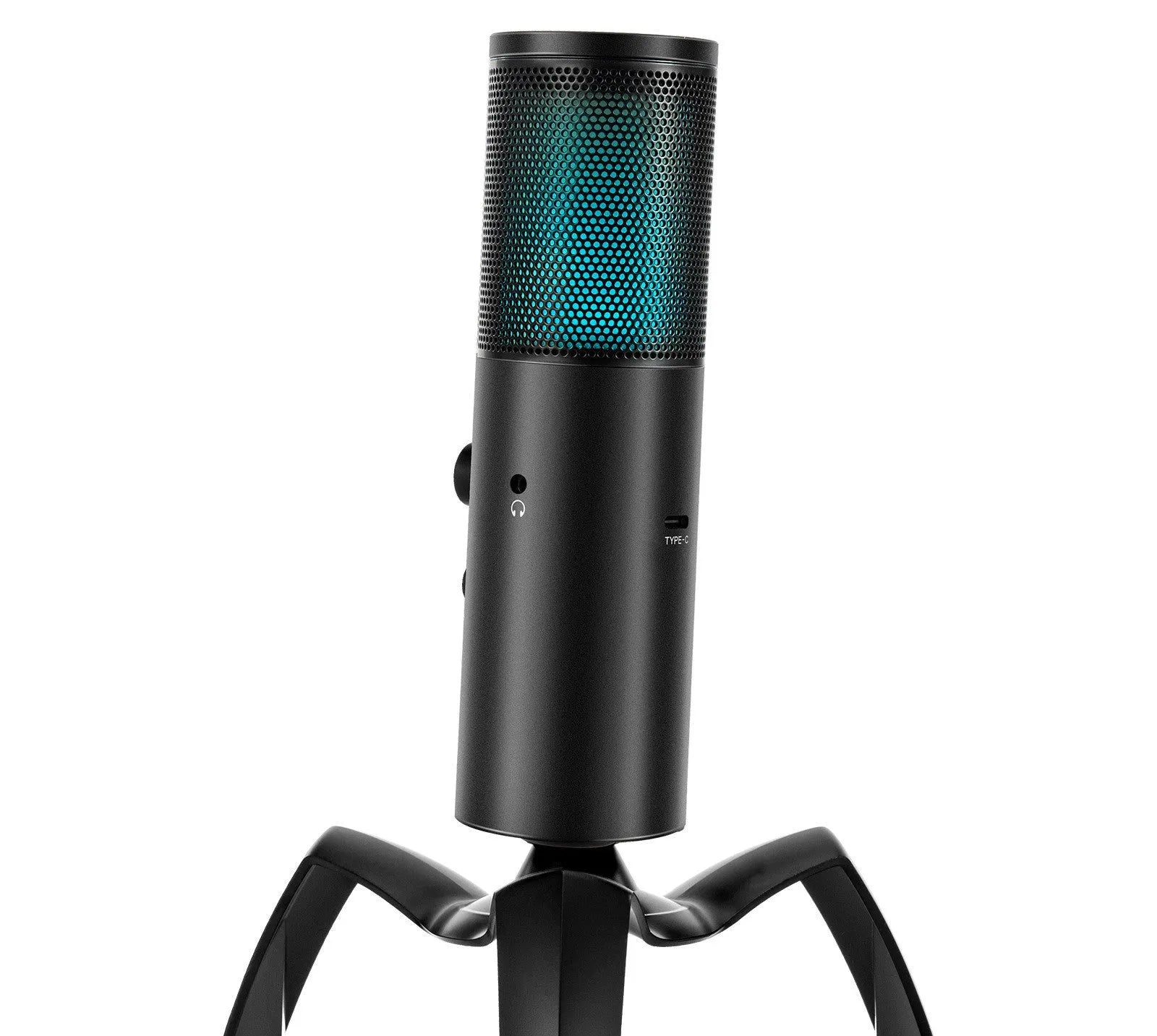 Q18 black condenser microphone with RGB lighting on adjustable metal tripod for recording and streaming
