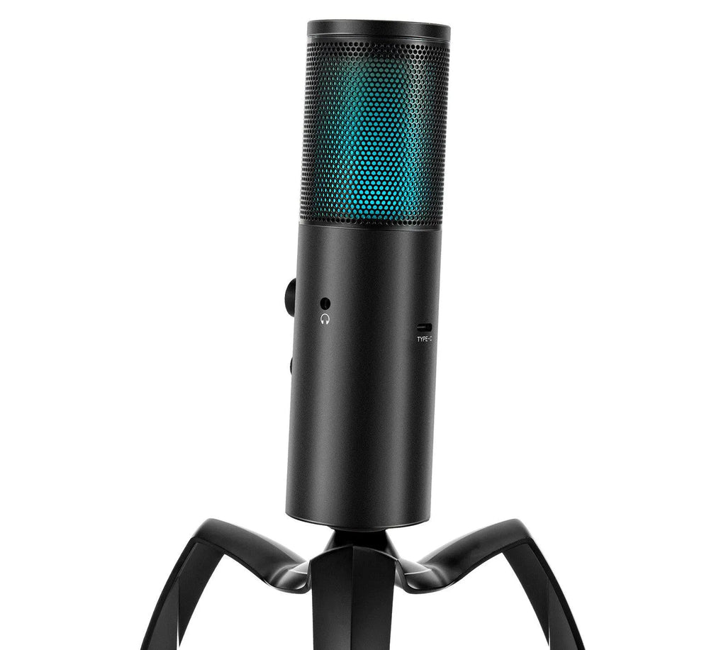 Black Q18 condenser microphone with RGB lighting on adjustable metal tripod