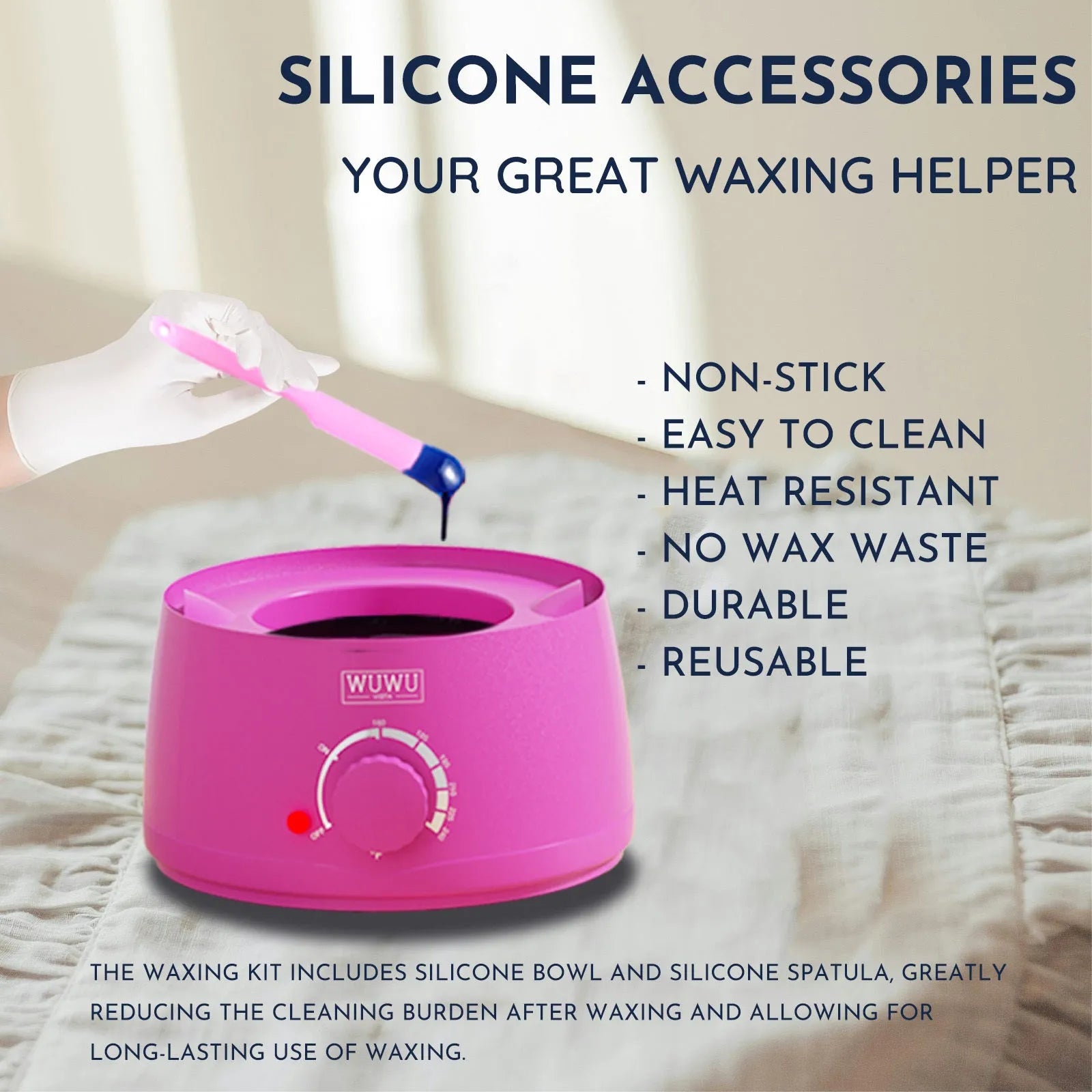 WUWUVISTA waxing kit with black smart warmer, wax beads, silicone tools, applicators, and aftercare products on a pink background