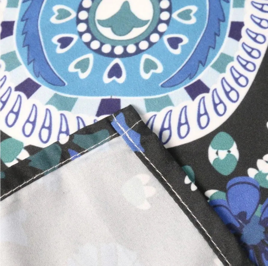 Printed mandala polyester tapestry wall hanging, machine woven, in green, orange, or purple, from 150x100cm to 200x150cm