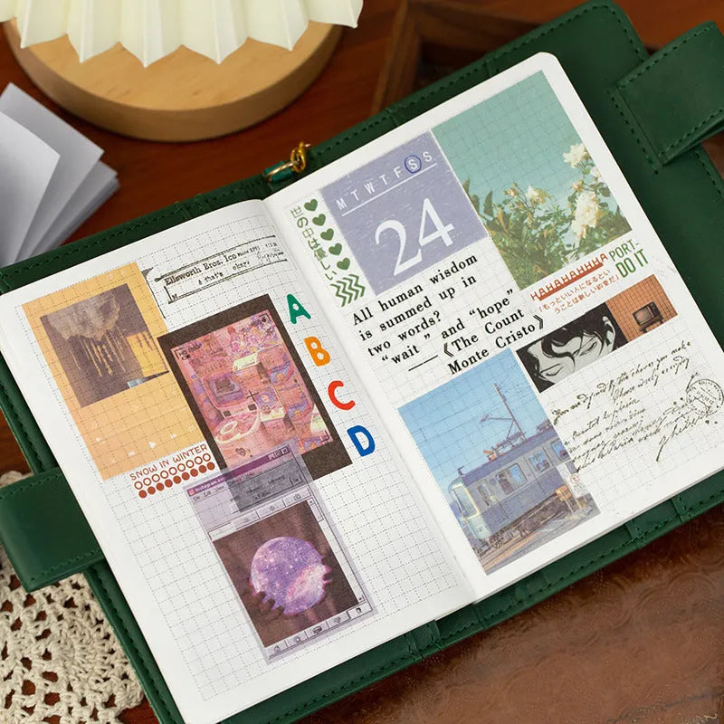 50-piece retro decorative sticker set for notebooks in six colours, printed DIY journal stickers.