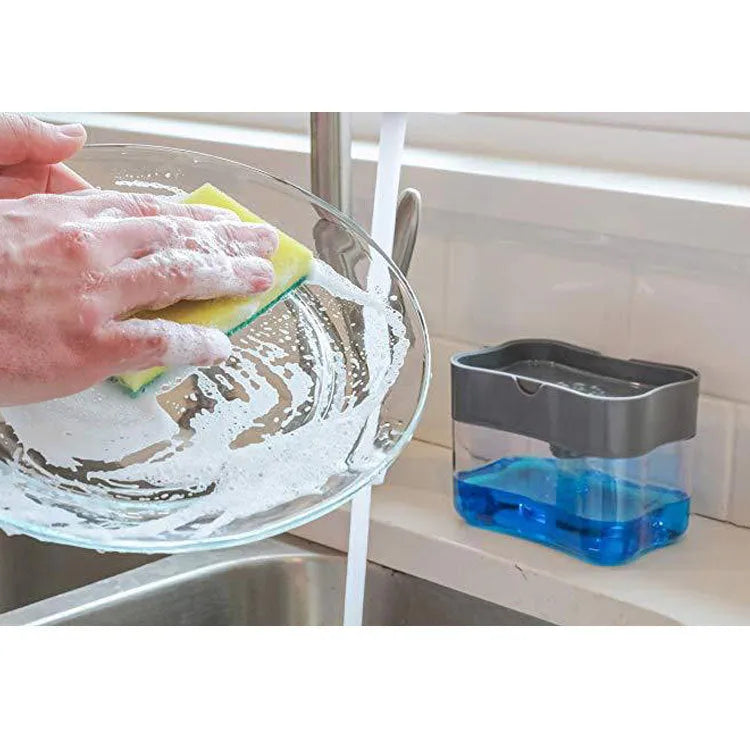 Plastic kitchen soap dispenser in grey, silver, black, or pink colours measuring 14.5 x 9.5 x 13.5 cm
