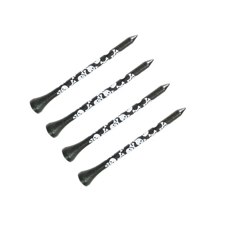 Ten black bamboo golf spike dowel pins with skull print, shown in 70mm and 83mm lengths.