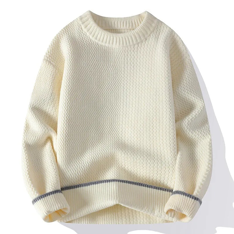 Men's gray round neck pullover sweater with loose fit and long sleeves for autumn