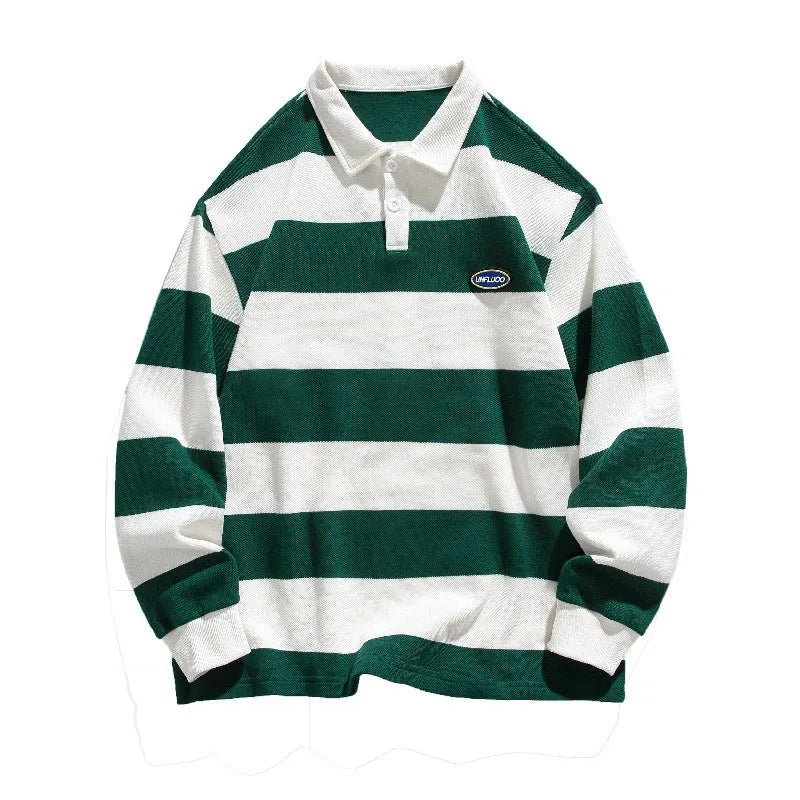 Striped Hong Kong style pearl cotton polo shirt with sweater lapel in loose fit for autumn wear