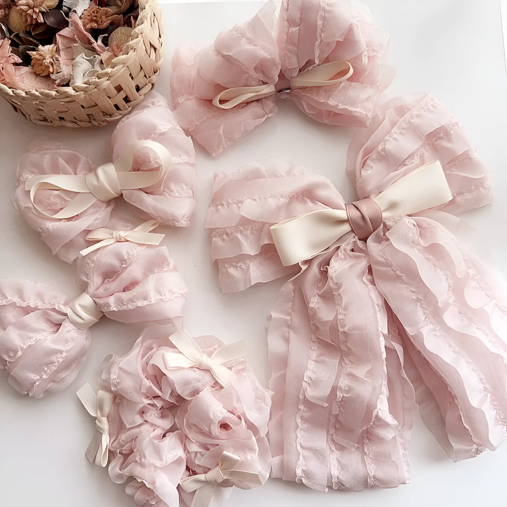 Children's pink retro bow hair clip with cloth ribbon bow and press clip for girls' hair