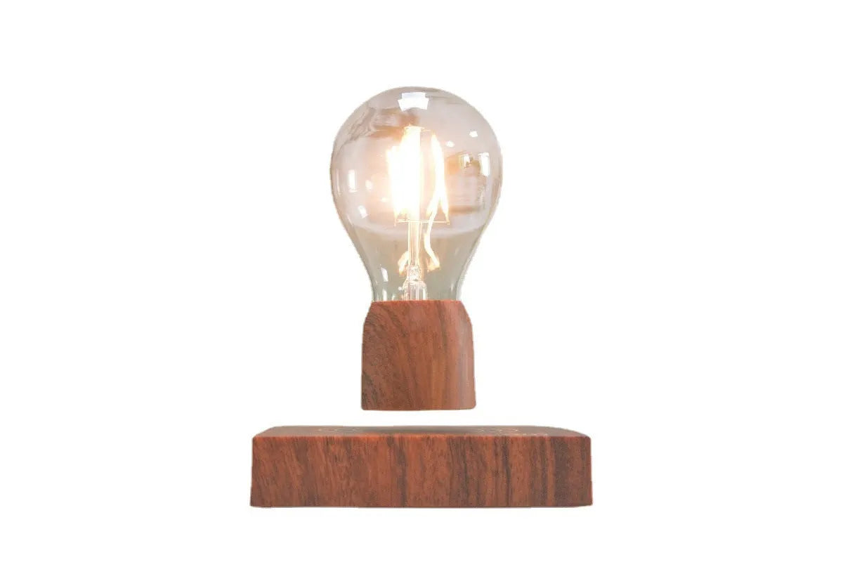Magnetic levitation bulb floating above imitation wood base with ABS and glass construction, EU CE certified for 100-240V operation
