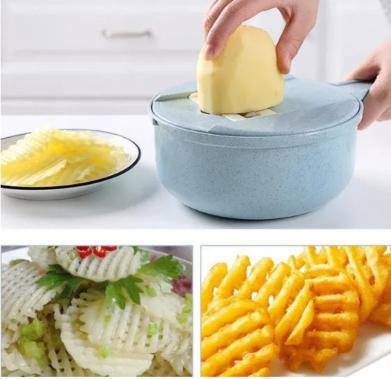 Blue hand-held mandoline slicer with stainless steel blades and plastic container for vegetable preparation