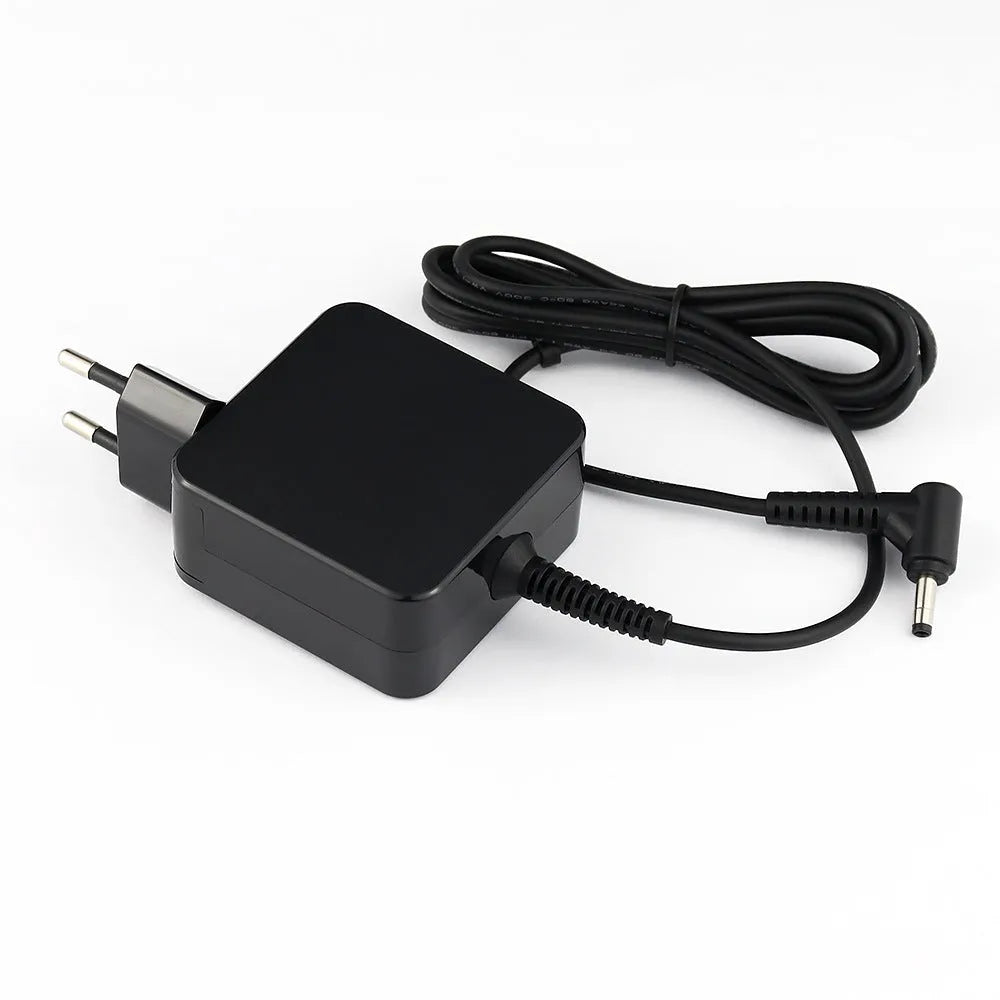 Black 45W laptop adapter with DC connector measuring 99.3x36.5x61.8mm, compatible with US and EU outlets