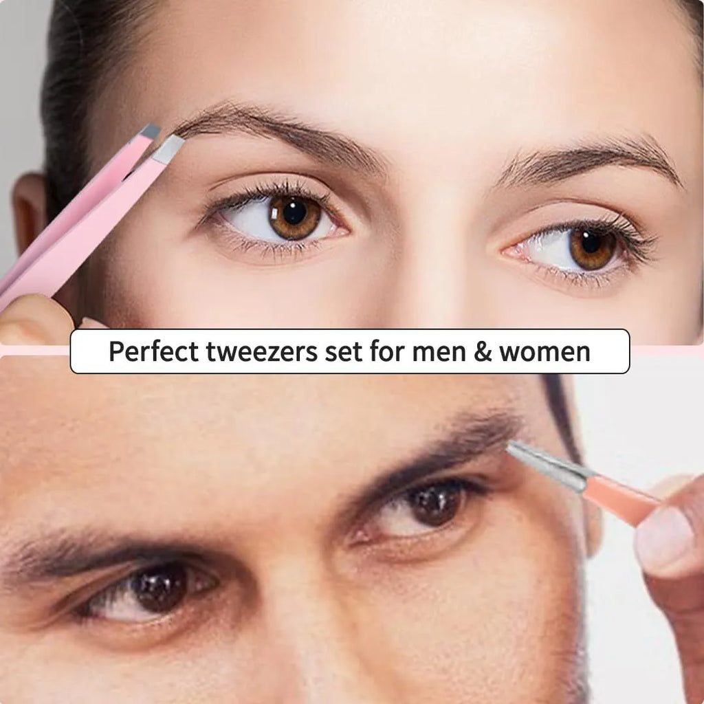 Professional stainless steel eyebrow tweezers set with curved scissors and leather case