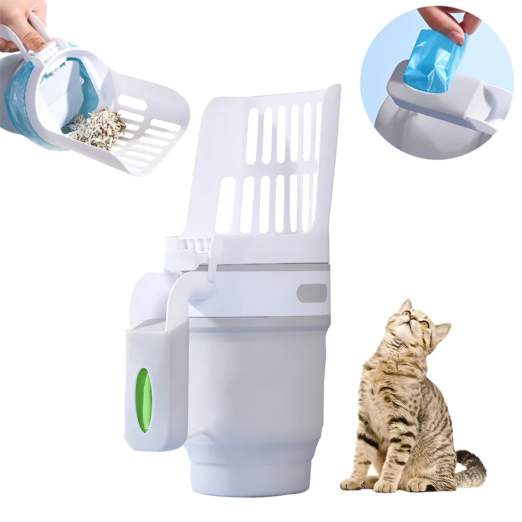 Grey foldable cat litter scooper and waste bin system with a handle and sheltered lid.