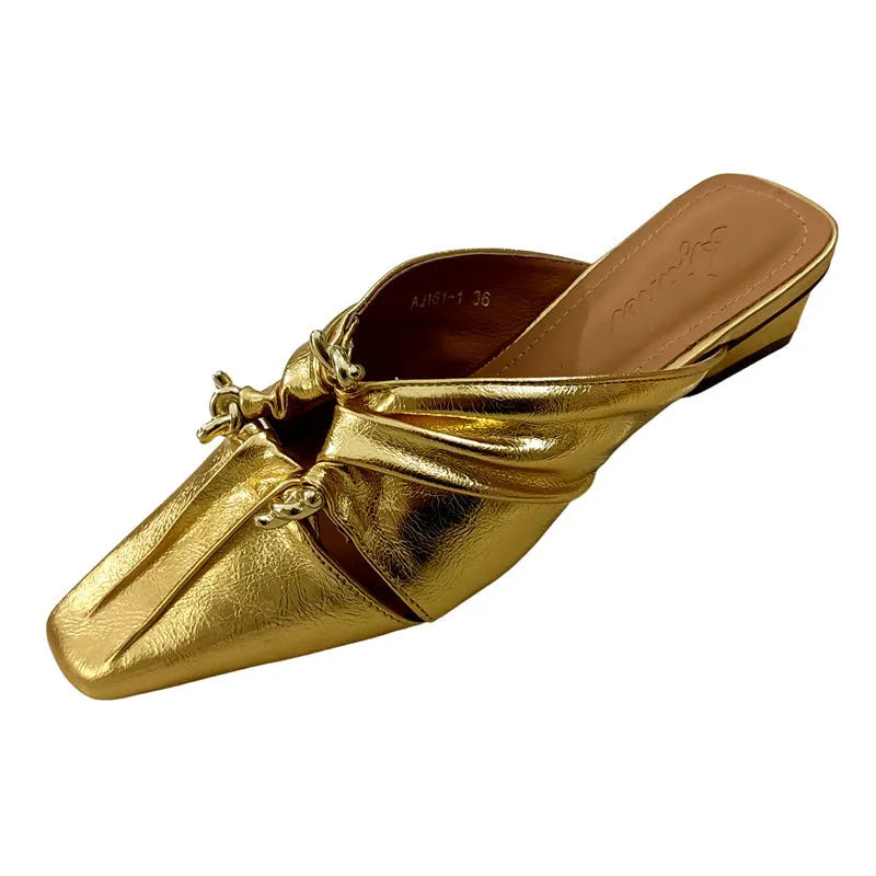 Women's genuine leather half-toe cap slippers in silver with a square toe and low TPR sole.