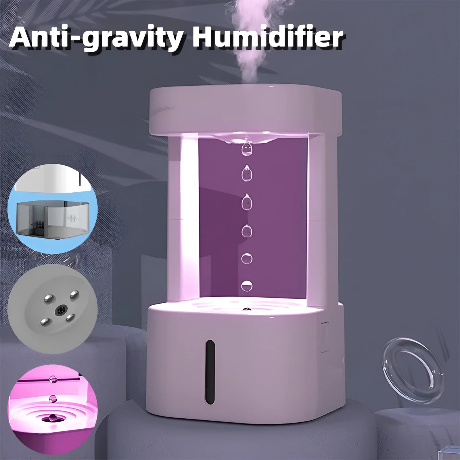 White anti-gravity water drop humidifier with floating droplets illusion and USB cable