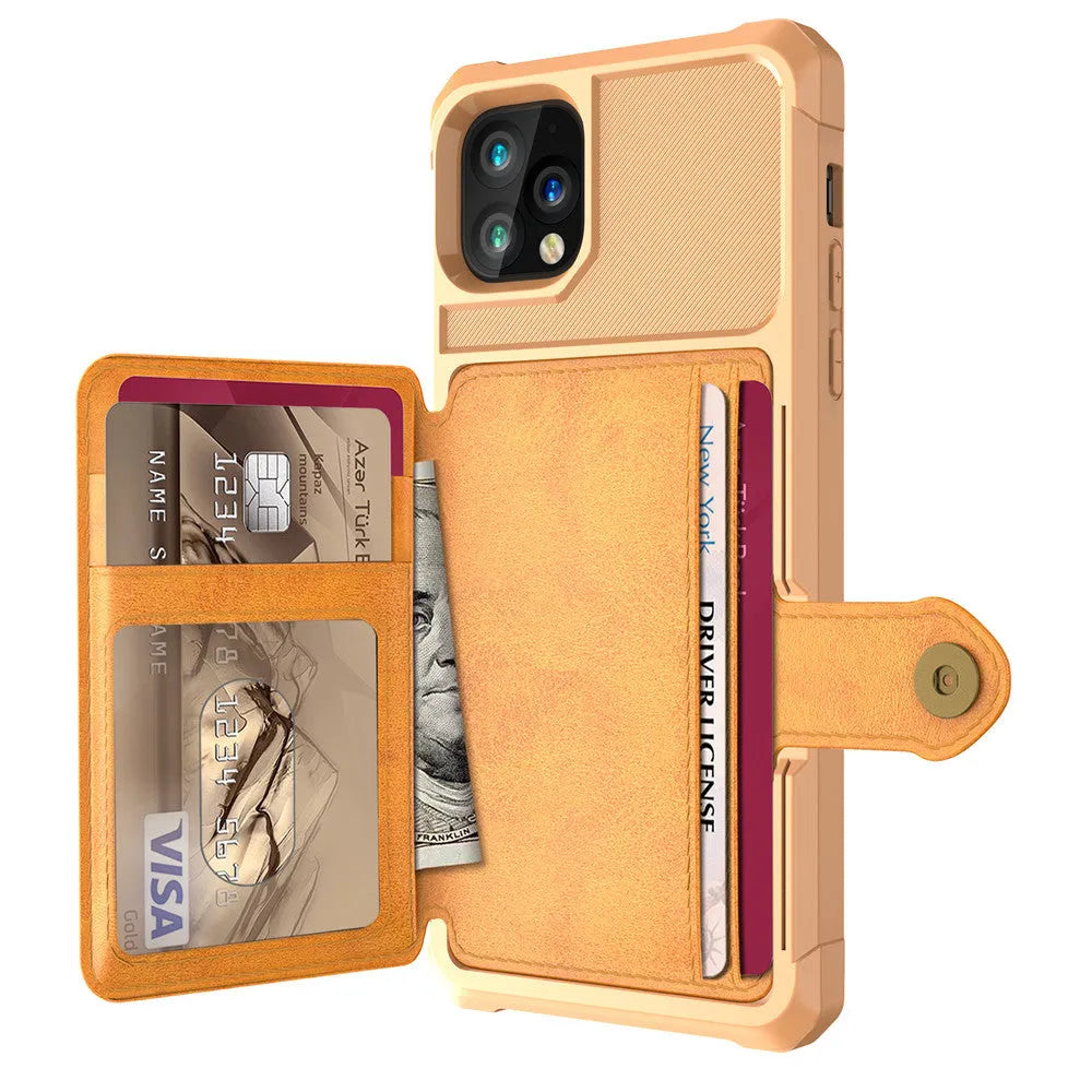 Imitation leather iPhone case with card slots in back, shown in black, blue, green, pink, and red colours.