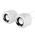 Pair of black wired mini desktop speakers with 3.5mm plug, showing compact cubic shape.
