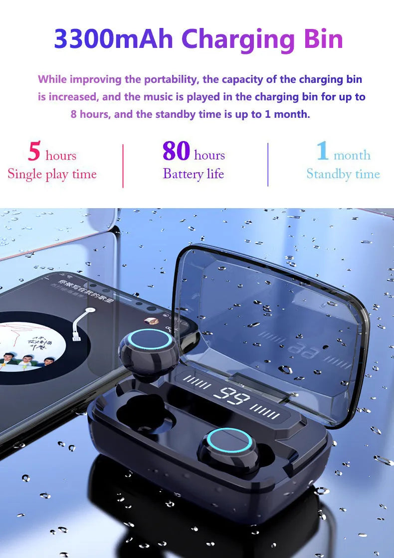 Black Bluetooth wireless headset with digital power display showing battery percentage, placed in charging case