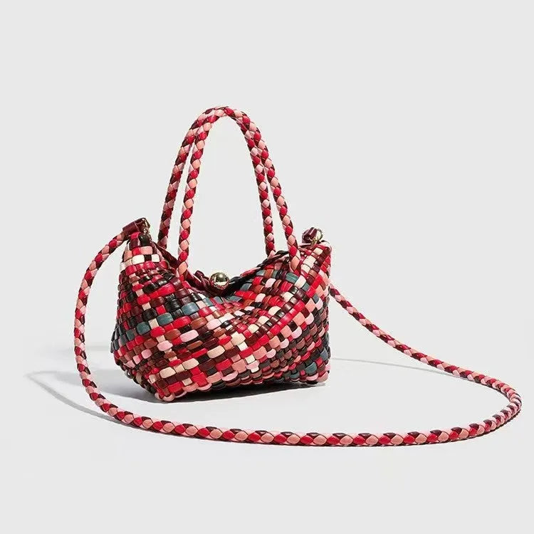 Colourful woven pattern on a women's casual PU leather shoulder bag showing its 18cm length.