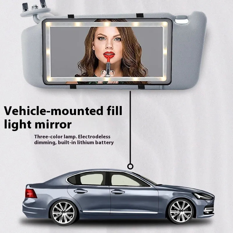 Car sun visor LED touch makeup mirror, 260x135x9mm, aluminum lens, ABS frame, black or white light bars
