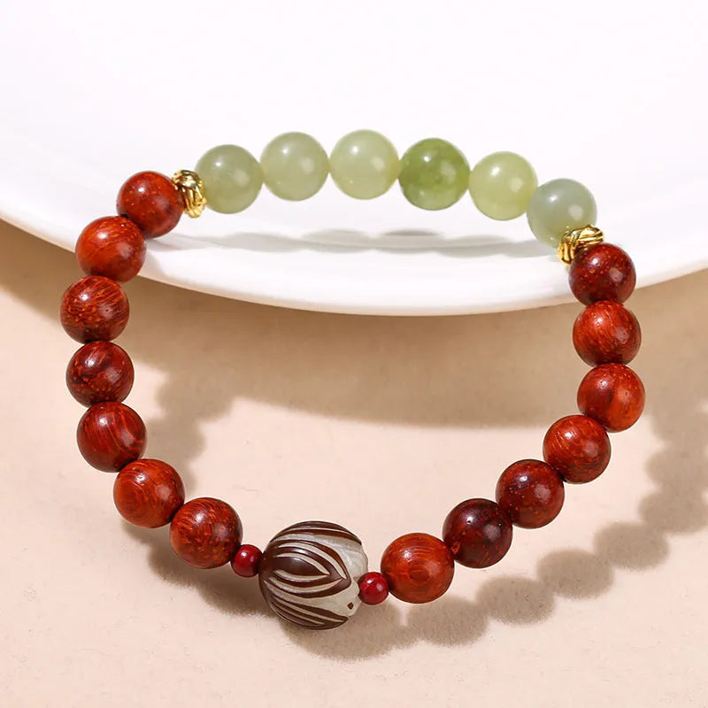 Women's red rosewood and grey jade bracelet with eight 12mm Bodhi lotus seed beads in Chinese style.