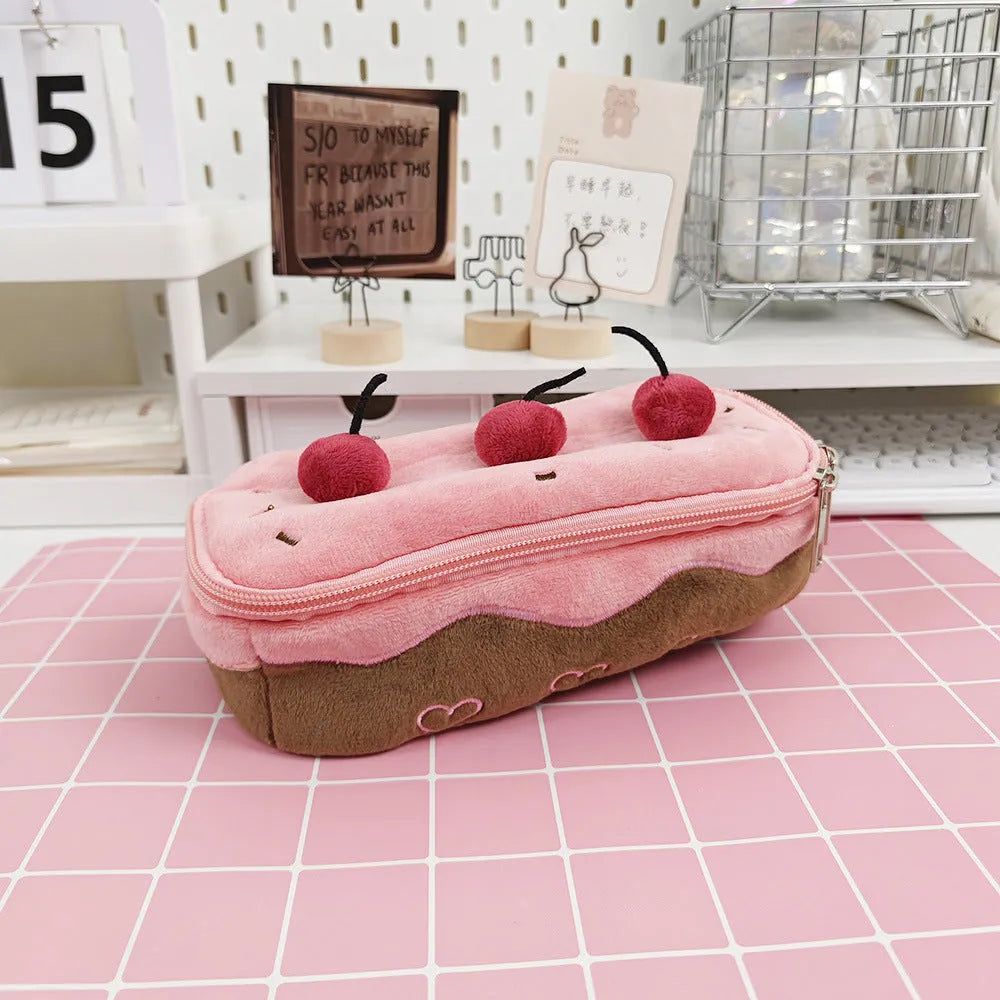 Cherry Cake Plush Pencil Bag in velvet with Korean style design and included pen case