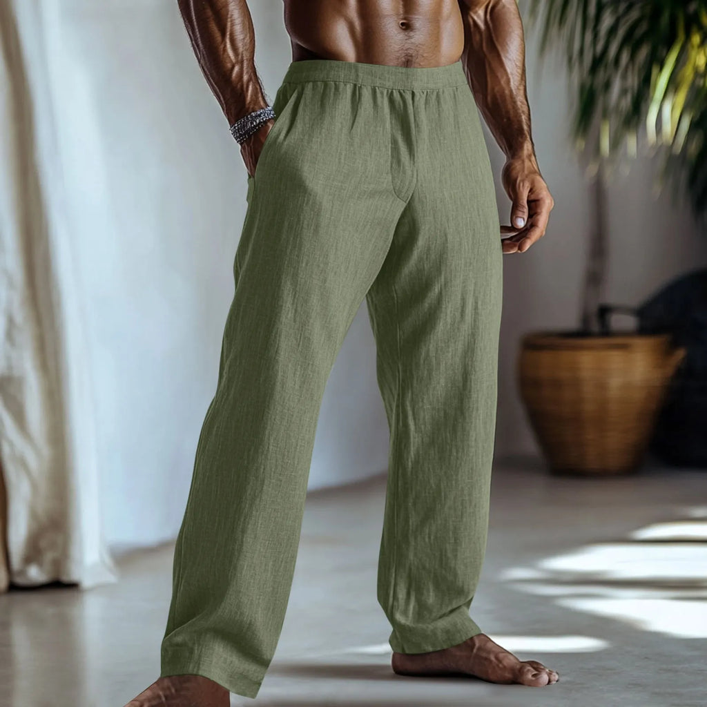 Straight leg cotton linen trousers in light green colour with pockets and British style design