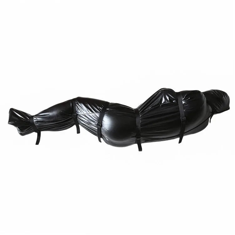 Black patent leather nostril clothing bondage set with six ratchet tie down straps