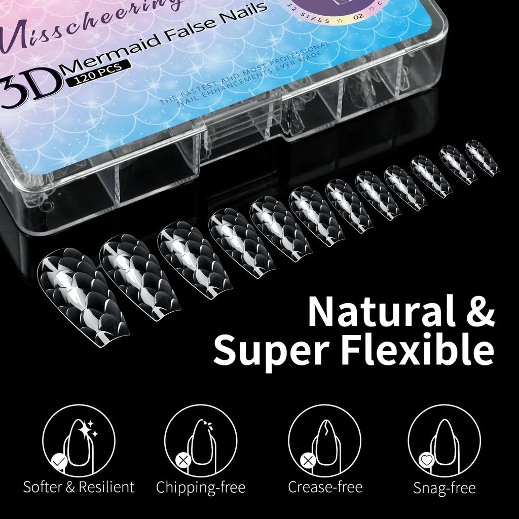 Box of 3D scale long shaping artificial nail tips in a Frigate Box colour option.