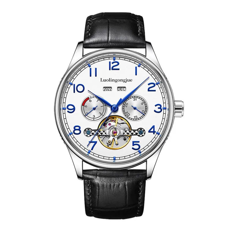 Men's stainless steel mechanical watch with sapphire crystal glass and genuine leather strap showing transparent case back