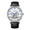Men's stainless steel mechanical watch with sapphire crystal glass and genuine leather strap showing transparent case back