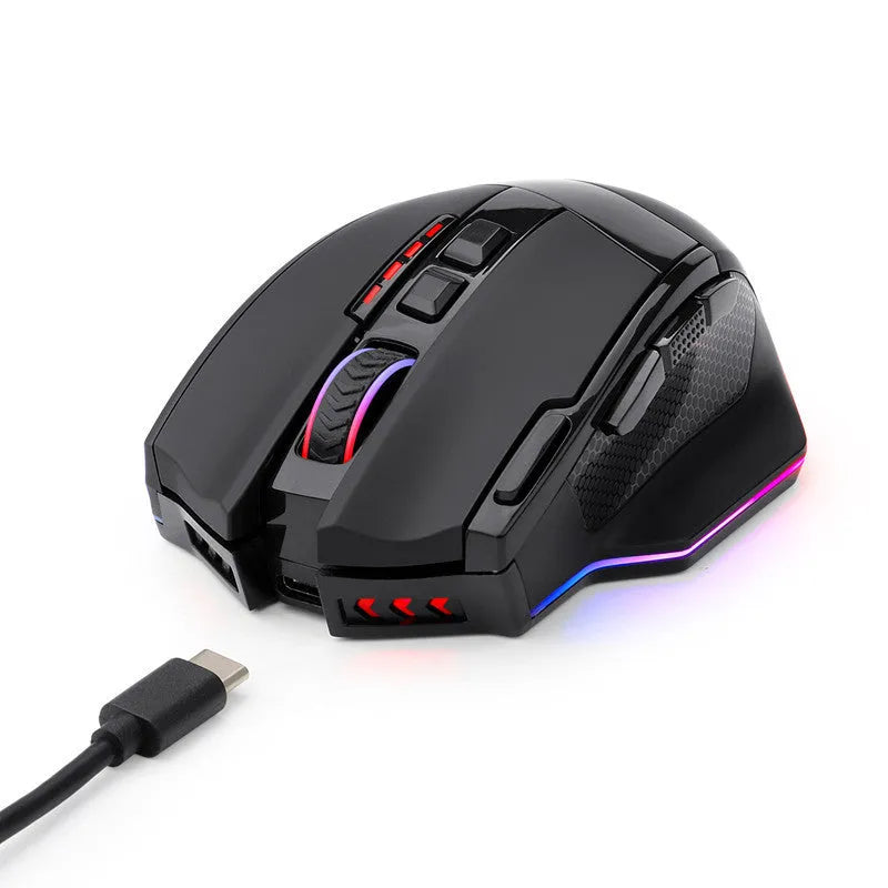Black Redragon M801P wireless gaming mouse with nine buttons and ergonomic design measuring 120mm length