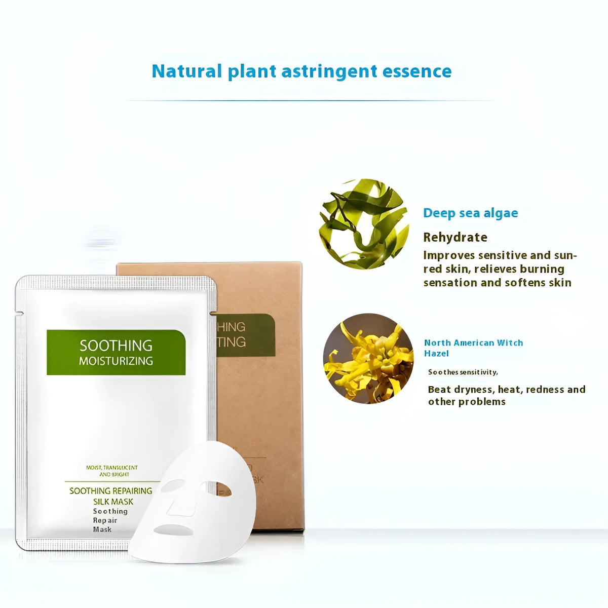 Box of white Soothing Silk Moisturizing Facial Masks for sensitive skin, 25g per piece.