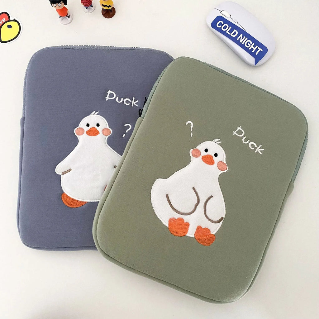 Blue cotton tablet case with cartoon duck embroidery and zipper closure for 11-inch tablets
