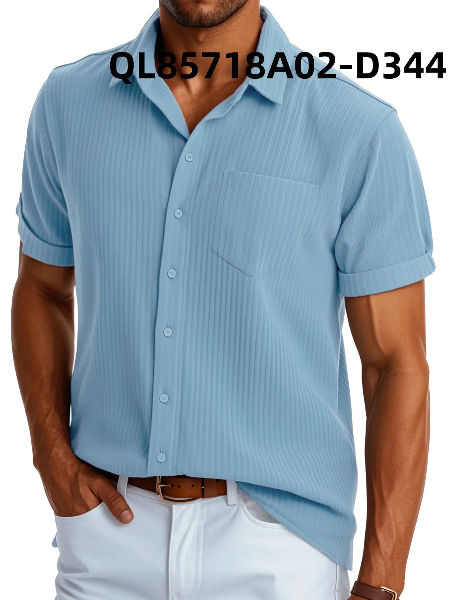 Men's loose fit black short sleeve casual shirt with a white printed lapel detail on a hanger.