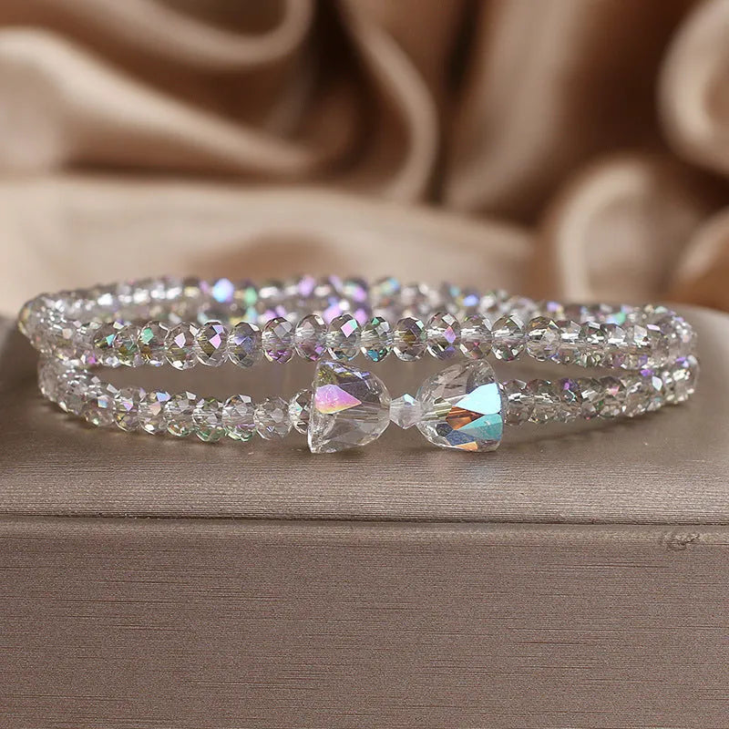 Women's double-circle crystal bow bracelet in white, green, or pink Mori style with colourful crystal design