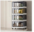Foldable white storage locker with wheels showing 4 shelves containing shoes and toys