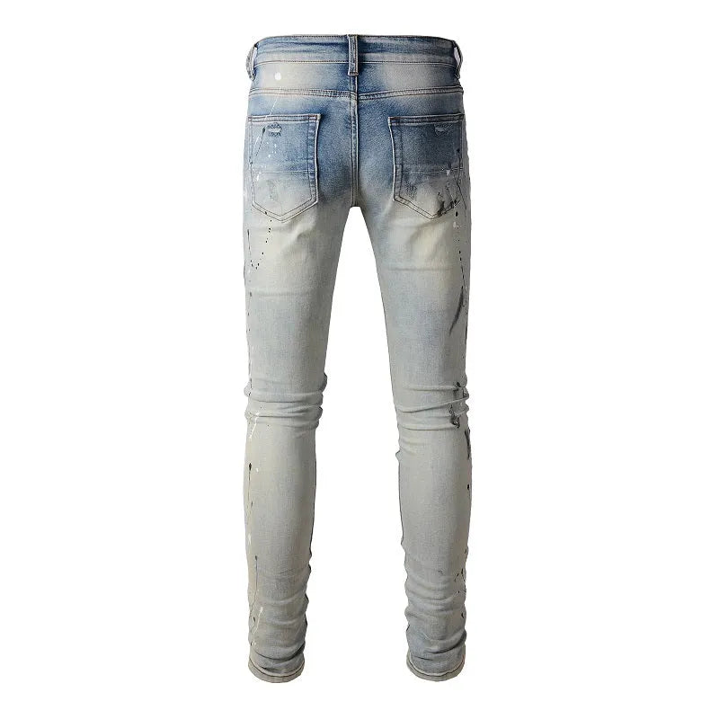 Men's light coloured paint splash ink wash jeans in cotton blend denim with medium to low waist, small straight leg, sizes 28 to 40