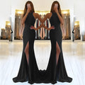 Long red knitting fabric evening dress with hanging neckline and large swing skirt.