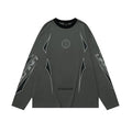 Round neck drop shoulder long sleeve pullover in grey khaki with letter pattern, loose fit